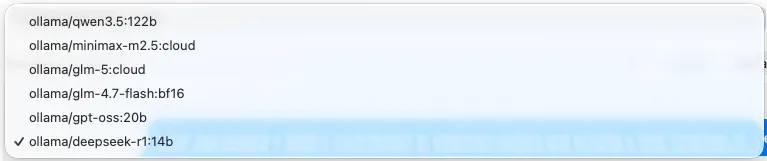 Ollama model selector showing local and cloud models