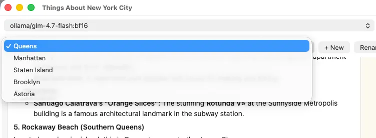 Conversation dropdown showing multiple named conversations in a project