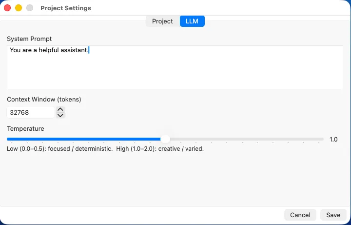Project Settings dialog showing LLM tab with system prompt and temperature