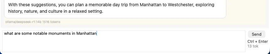Chat window showing token counter and response stats line